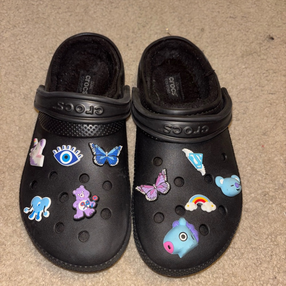 Fur Lined Black Crocs with Charms